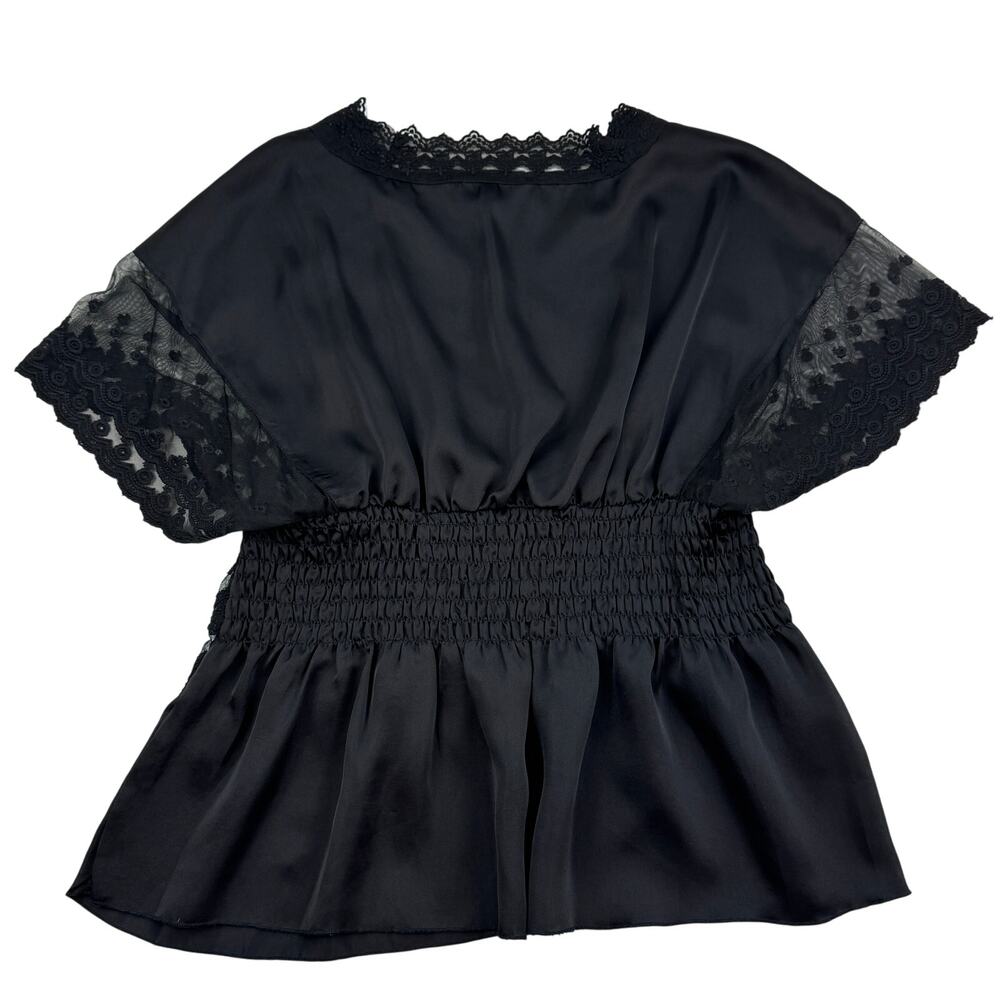 Black Boho Victorian Feminine Romantic Lace Crochet Frilly Blouse Women's Size L - Picture 2 of 5